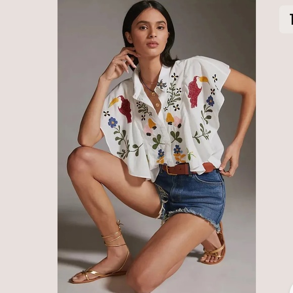 FARM Rio Tops - Anthropologie Farm Rio Embroidered Toucans Birds Tropics Blouse XL